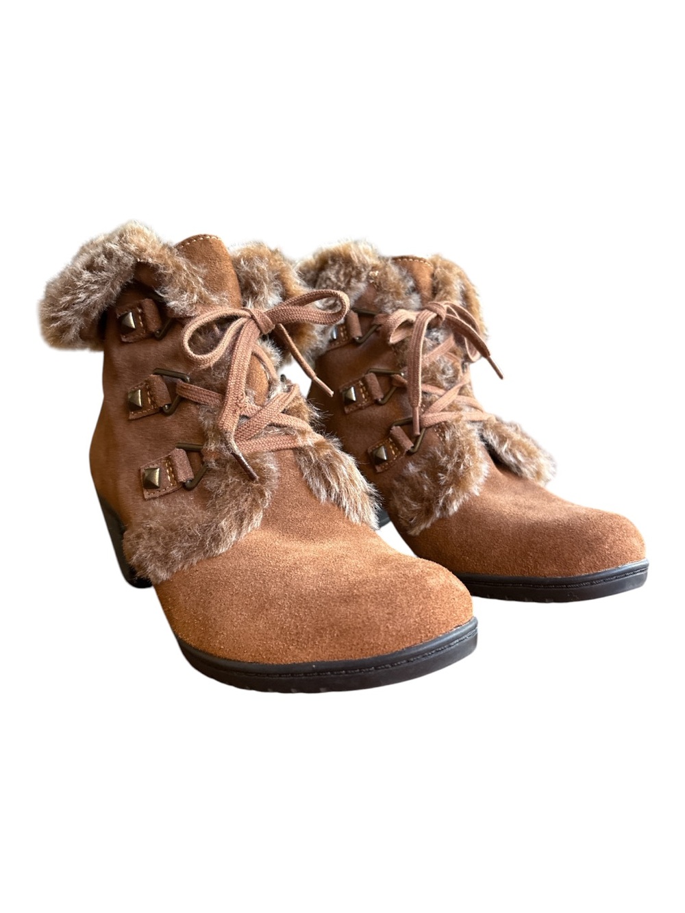 BASS FUN SUEDE FAUX FUR LACE UP ANKLE BOOTIES W/ WEDGE HEEL SUPER COZY & STYLISH